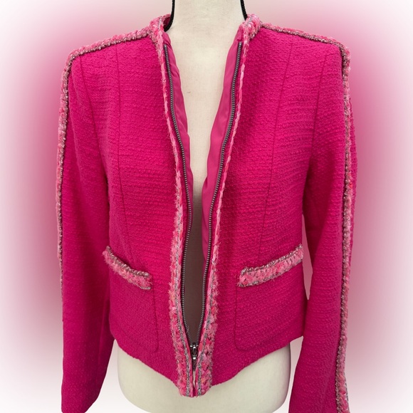 Cabi Fuchsia Tweed Zip-Front Jacket | Padded Shoulders | Size S | $269 Retail - Picture 3 of 9
